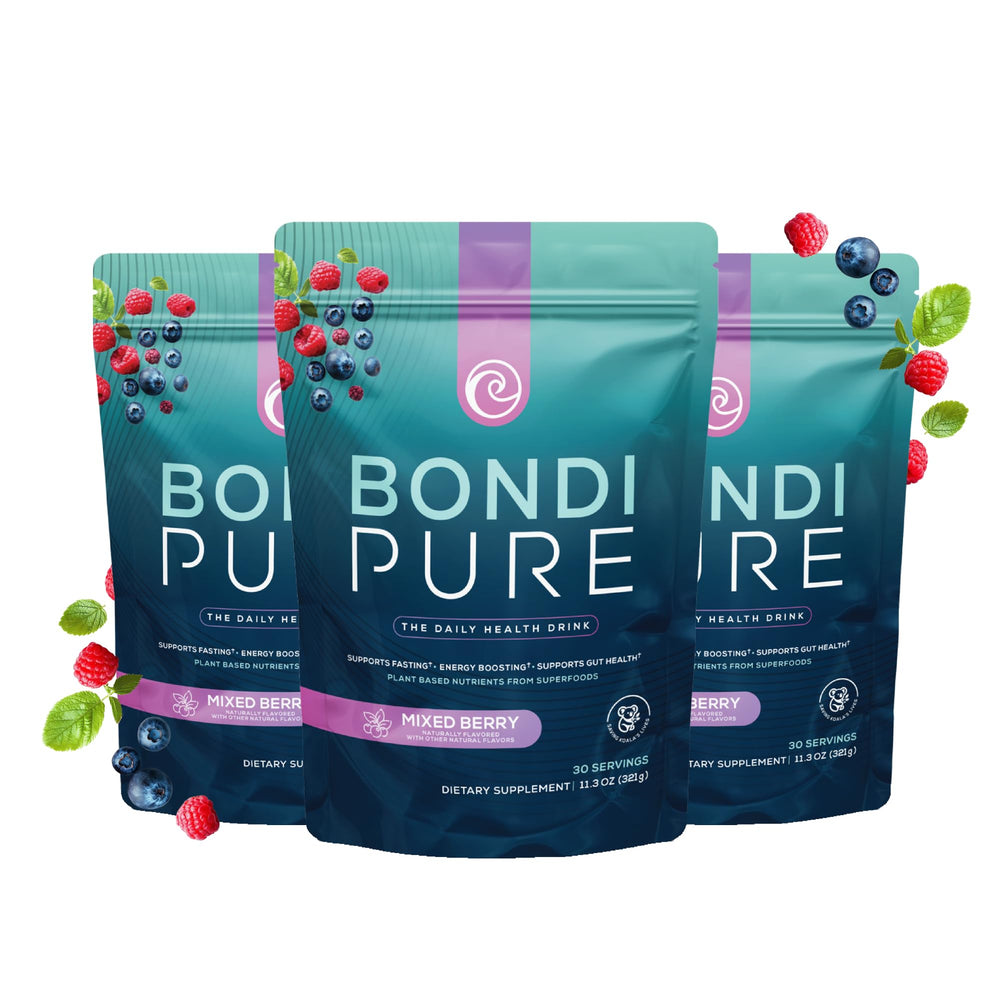 Bondi Pure Berry 3-pack front view promoting convenient daily detox