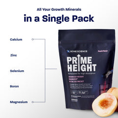 Bone Science Prime Height nutrition label close-up highlights 16 essential nutrients for growth.