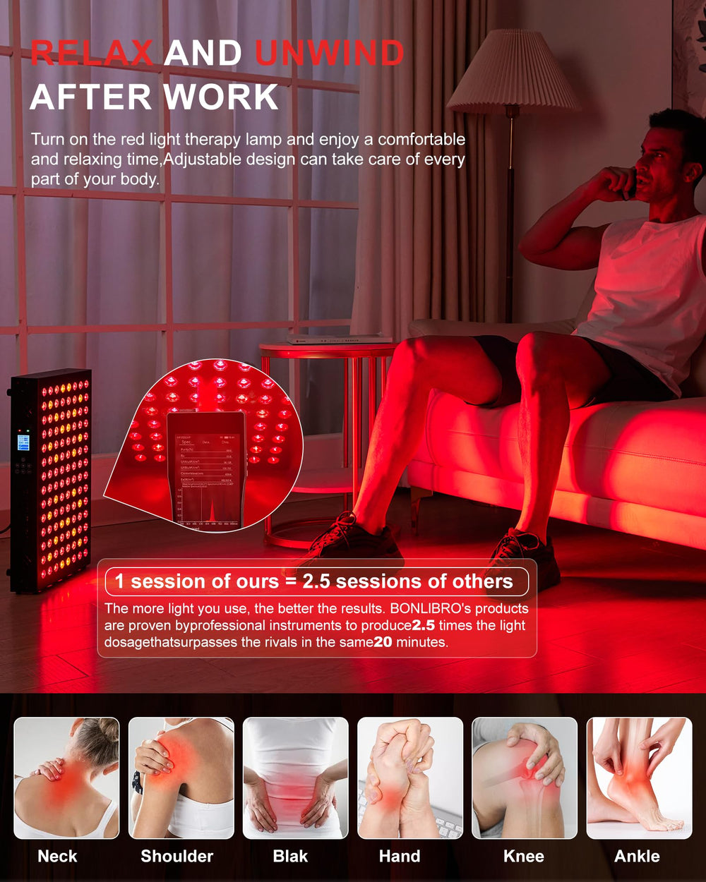 BONLIBRO red light panel with hanging kit for flexible wall or table mounting.