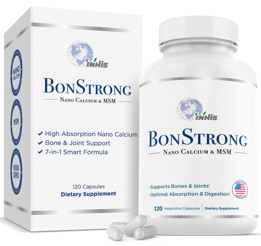 BonStrong Nano Calcium MSM bottle highlighting daily bone support for adults.