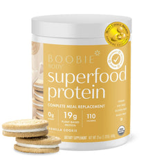 Boobie Body Vanilla Cookie tub showing protein-packed flavor for busy moms