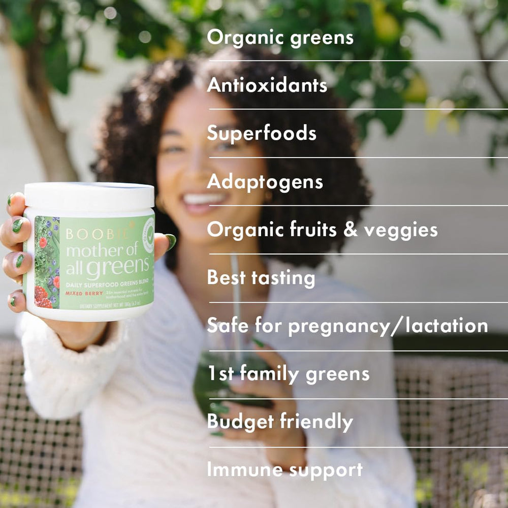 Boobie Brands greens being added to a glass supports energy and hydration.
