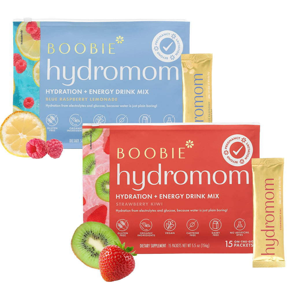 Boobie Hydromom strawberry-kiwi packet for on-the-go hydration.