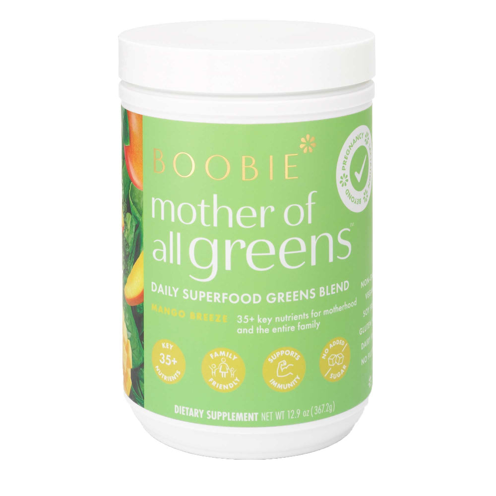Boobie Mother of All Greens bottle mango—daily greens boost for the family.