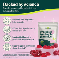 BoochBod gummy closeup emphasizes probiotics and prebiotics supporting digestive balance.