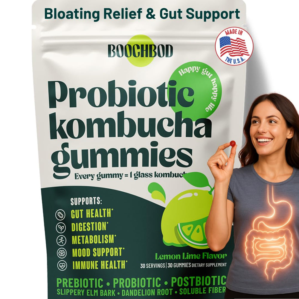 BoochBod Probiotic Kombucha Gummies bottle showing gut-friendly fiber support