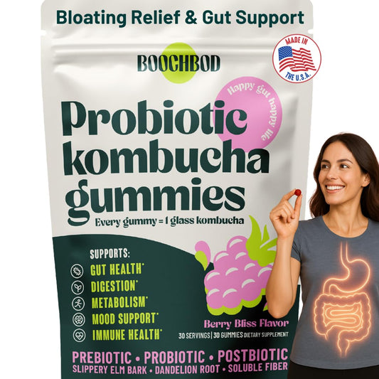 BoochBod Probiotic Kombucha Gummies packshot highlighting convenient gut-friendly snack.