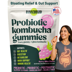 BoochBod Probiotic Kombucha Gummies packshot highlighting convenient gut-friendly snack.