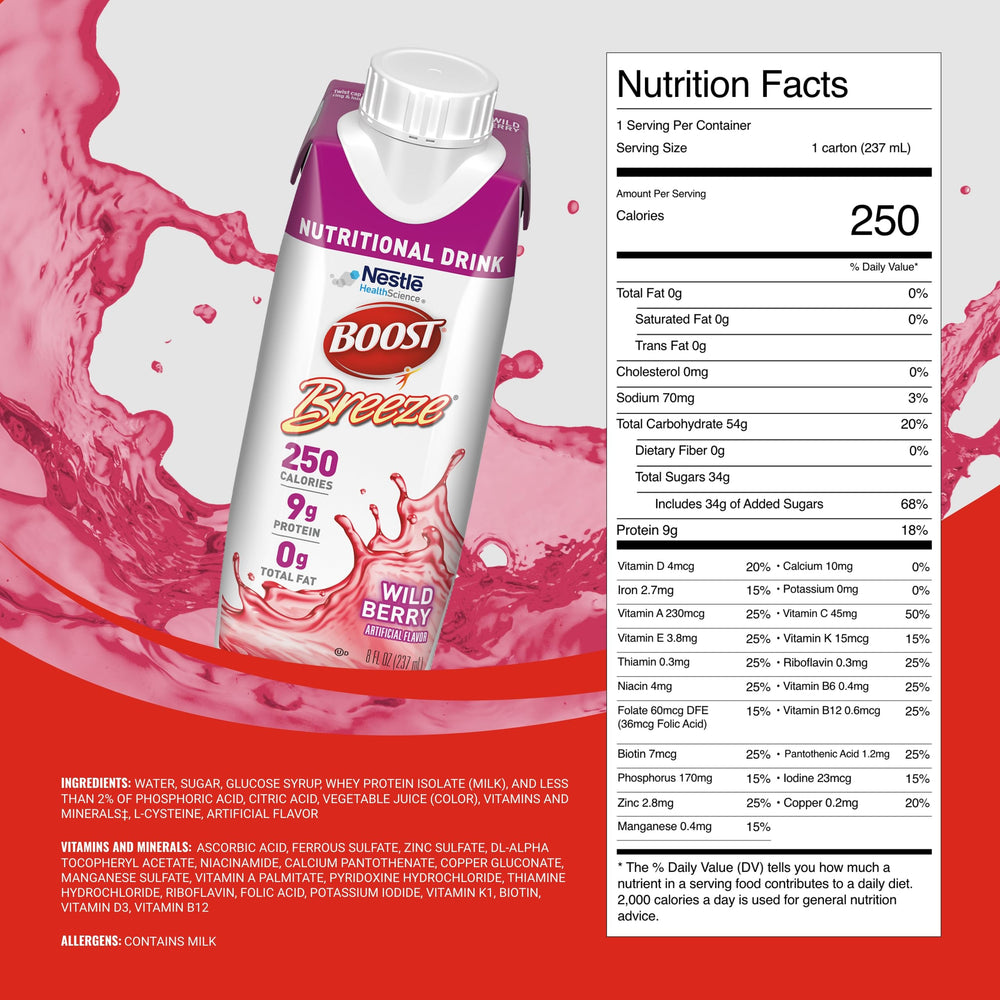 Boost Breeze Wild Berry glass showing a clear, fruity drink and protein boost