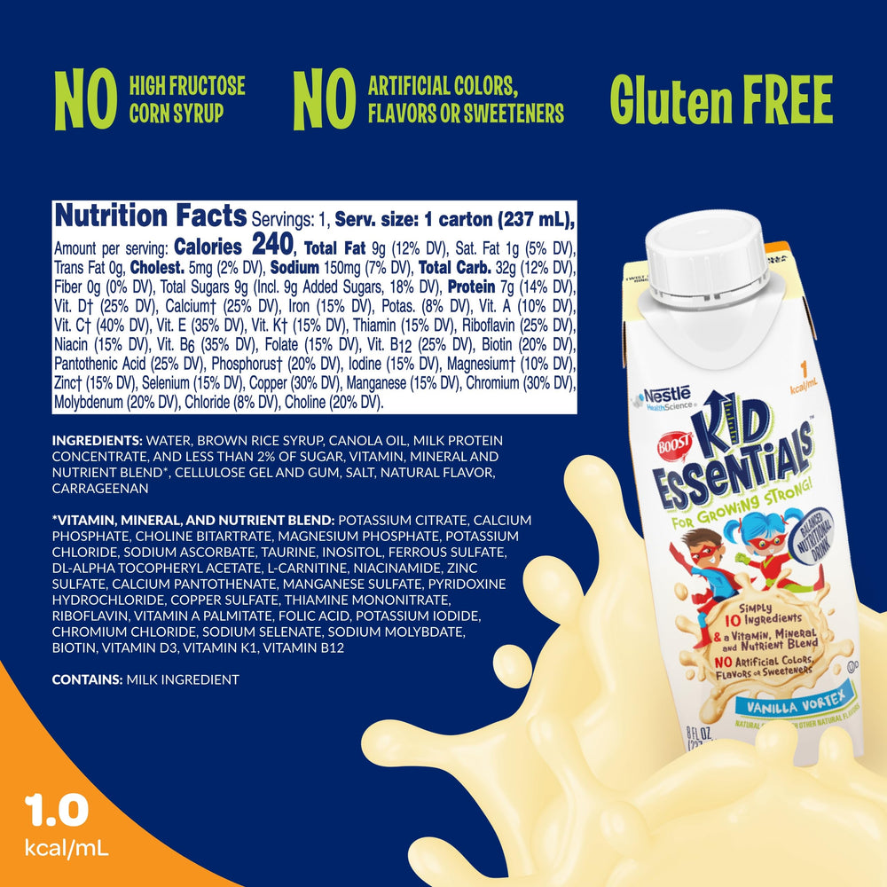 BOOST Kid Essentials Vanilla Vortex label closeup showing nutrition facts.
