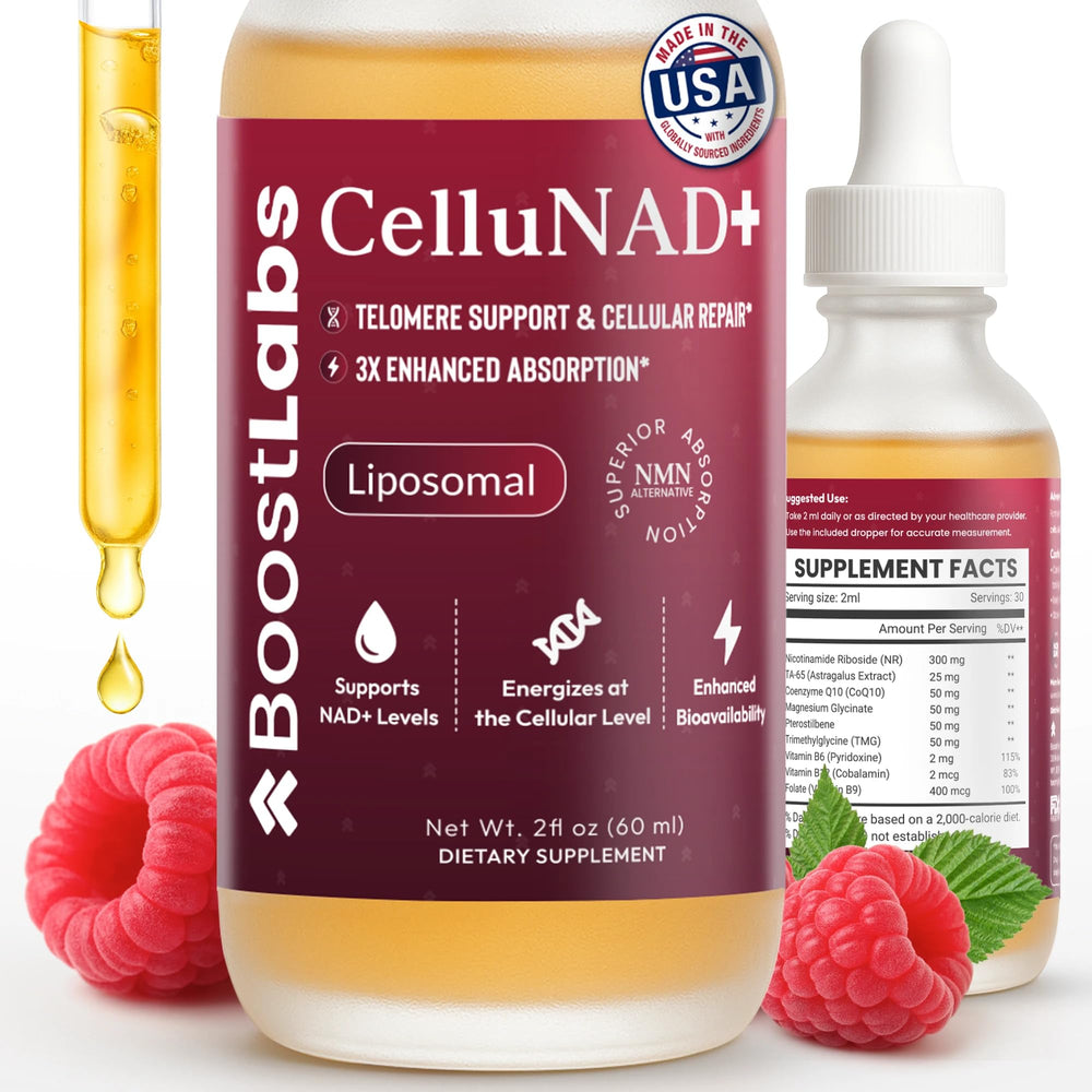 Boost Labs Liposomal NAD+ bottle shows premium energy support and absorption.