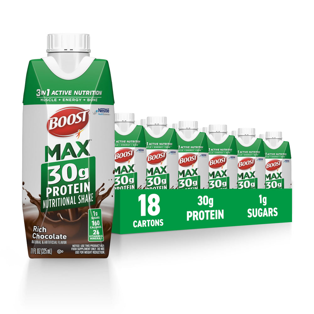 BOOST Max Protein Shake bottle pouring supports post-workout protein intake