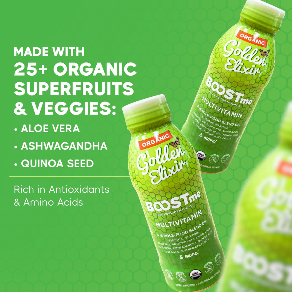 BoostMe Golden Elixir label closeup emphasizes immune vitamins and clean ingredients