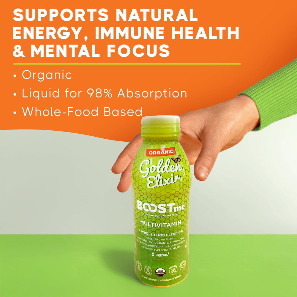 BoostMe Golden Elixir liquid pour highlights fast-absorbing vitamins for quick daily support
