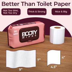 Booty Wipes nine-by-seven inch sheets provide full-coverage cleansing.