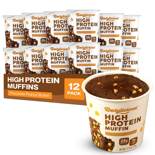 Bootylicious muffin cup chocolate peanut butter with 25g protein per serving