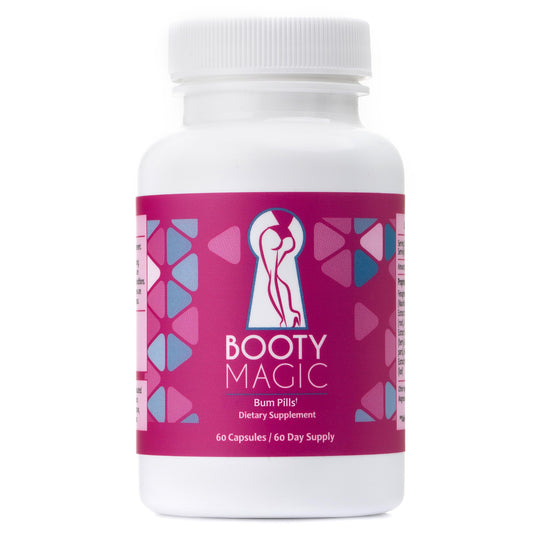 Booty Magic bottle label close-up showing maca and fenugreek ingredients for growth support