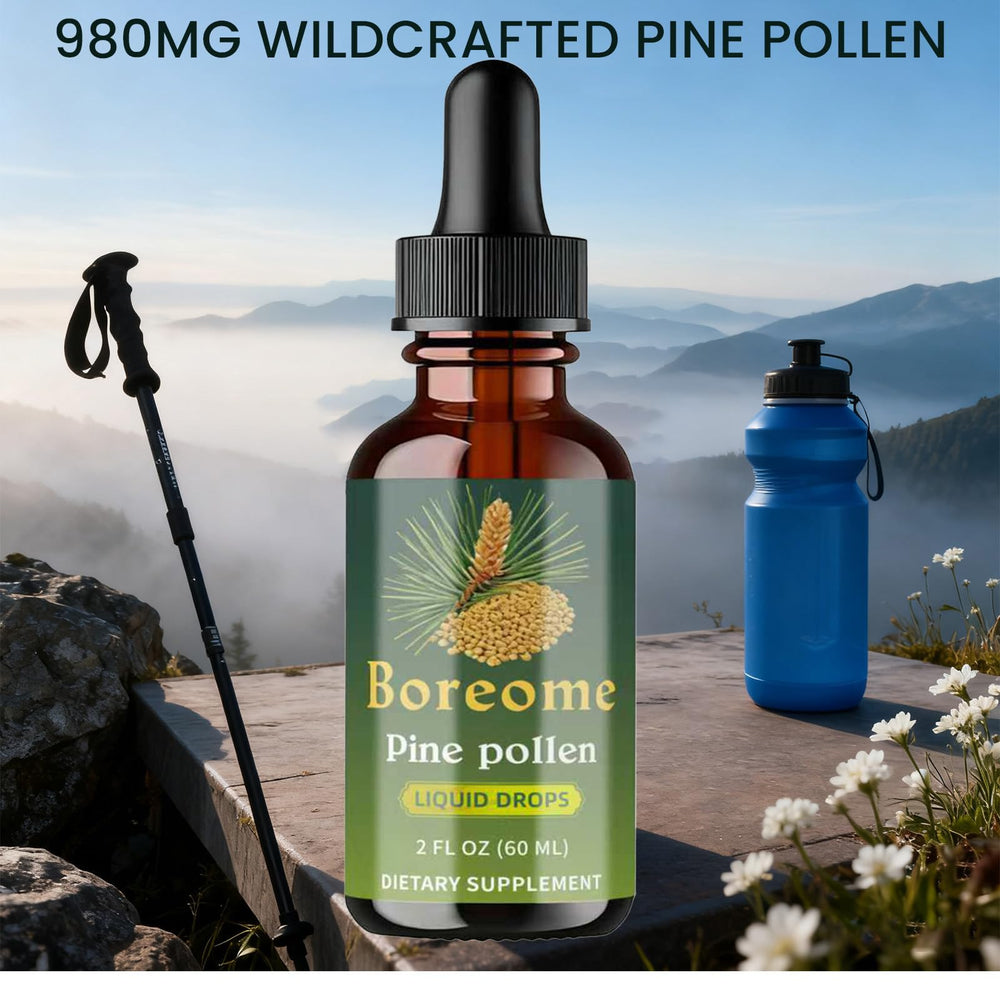 Boreome Pine Pollen Tincture bottle with glass of water demonstrating absorption