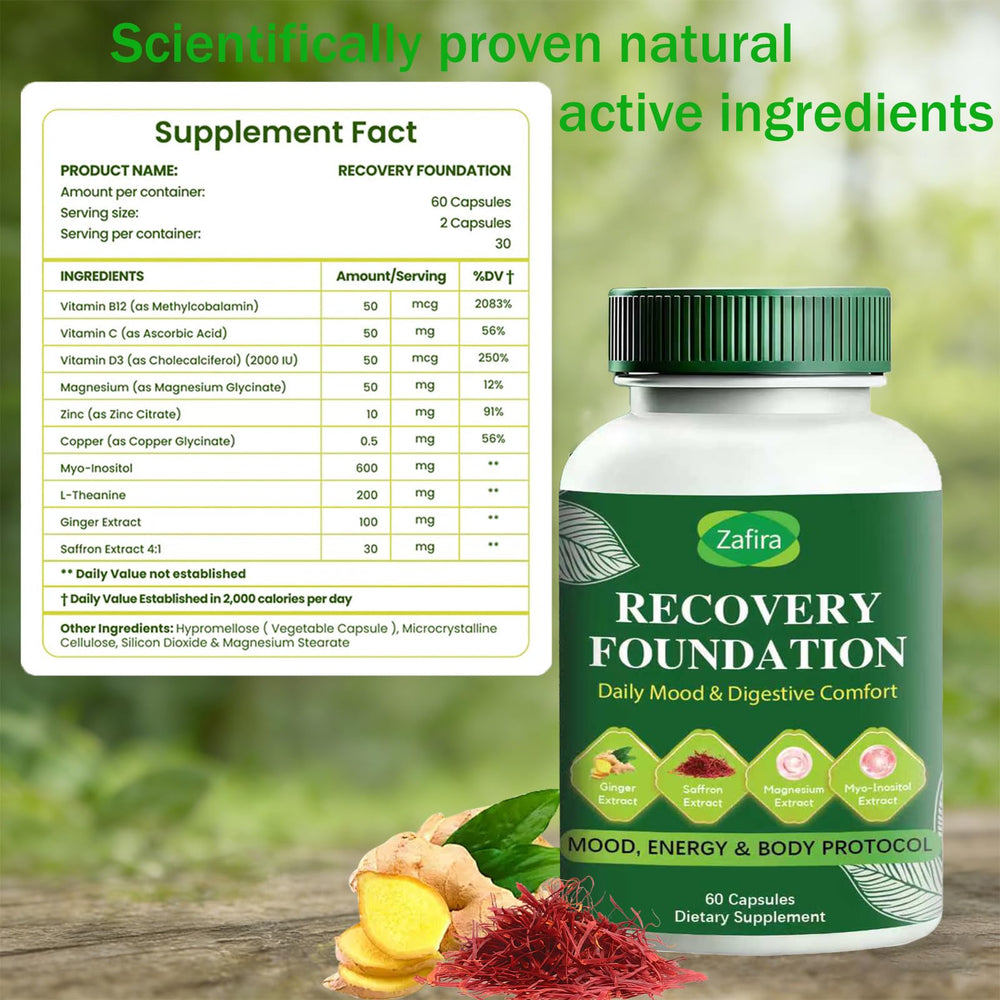 Boreome Zafira Recovery capsules closeup highlighting saffron and ginger for digestive comfort