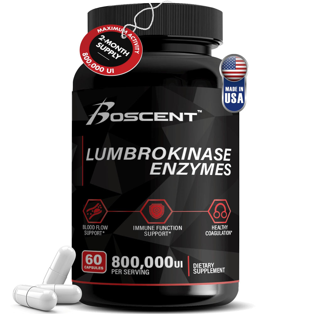 BOSCENT Lumbrokinase 40mg bottle shown for daily circulation support.