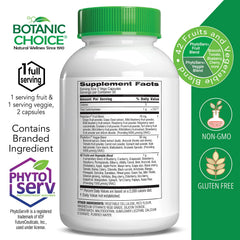 Botanic Choice Mega Fruits and Veggies blend bottle shown for everyday nutrition.
