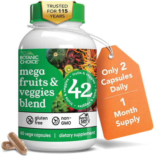 Botanic Choice Mega Fruits and Veggies bottle showcases the variety for daily nutrition.