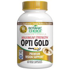 Botanic Choice OptiGold Vision bottle close-up showing eye health packaging for daily use and support