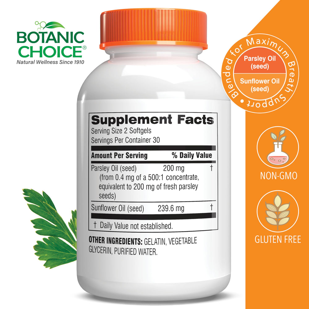 Botanic Choice Parsley Seed Oil softgels pack offers convenient daily odor control after meals.