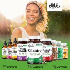 Bottle side view of Wild & Organic cilantro capsules in kitchen setting.