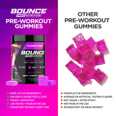Bounce Pro Pre Workout Gummies flavor spotlight black razz conveys bold taste for pre-workout motivation.