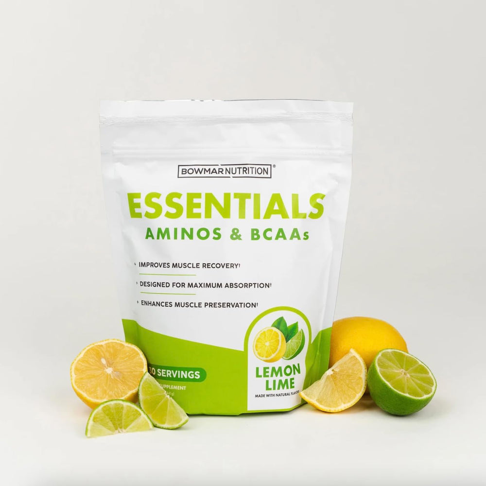 Bowmar Nutrition Essentials glass with lemon-lime drink ready for workouts.