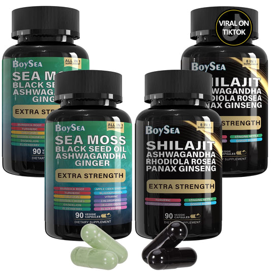 Boysea Shilajit Sea Moss Bundle bottles show all-in-one vitality support for daily wellness.