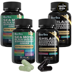 Boysea Shilajit Sea Moss Bundle bottles show all-in-one vitality support for daily wellness.
