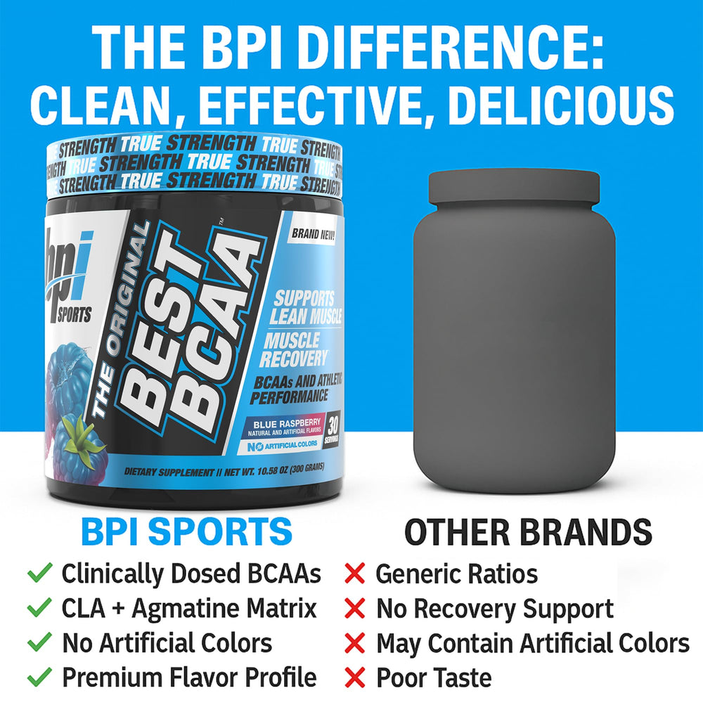 BPI Sports Best BCAA blue raspberry flavor closeup highlighting refreshing taste.