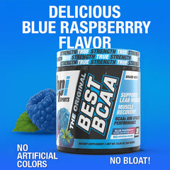 BPI Sports Best BCAA glass with shaker showing crisp blue raspberry hydration.