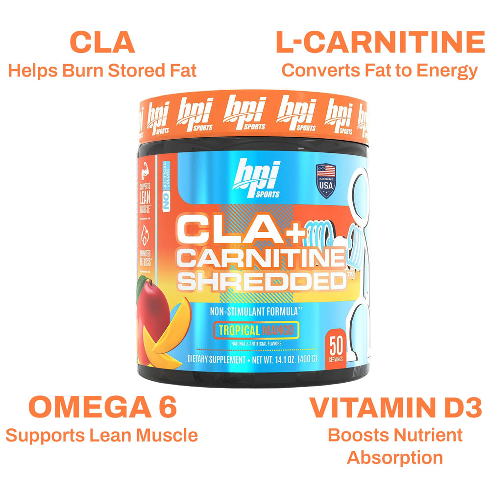 BPI Sports CLA + Carnitine Shredded tropical mango measure line illustration suggests precise dosing.