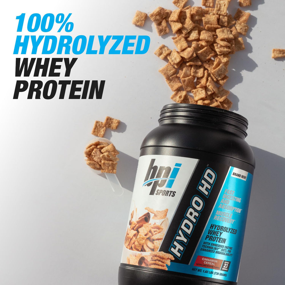 Close-up of Hydro HD label highlighting hydrolyzed whey protein