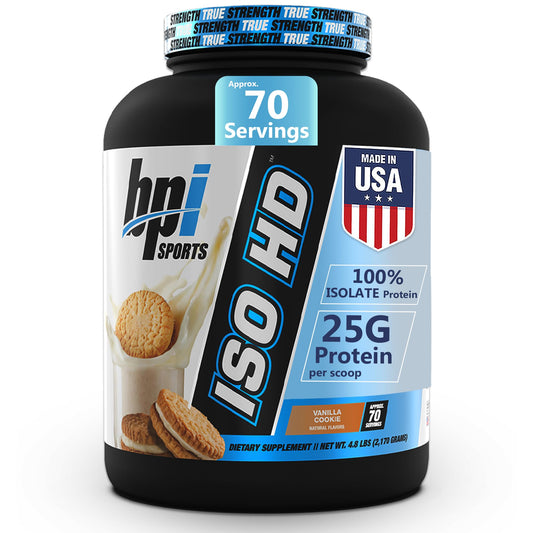 BPI Sports ISO HD whey isolate tub front promoting pure whey isolate for lean muscle.