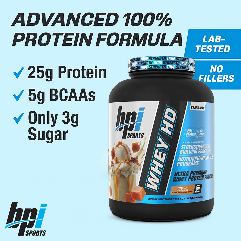 BPI Sports Whey HD powder bag shown on the counter for easy measuring.