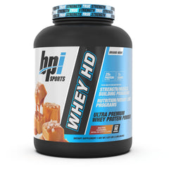 BPI Sports Whey HD Salted Caramel powder bottle: premium protein option for muscle support