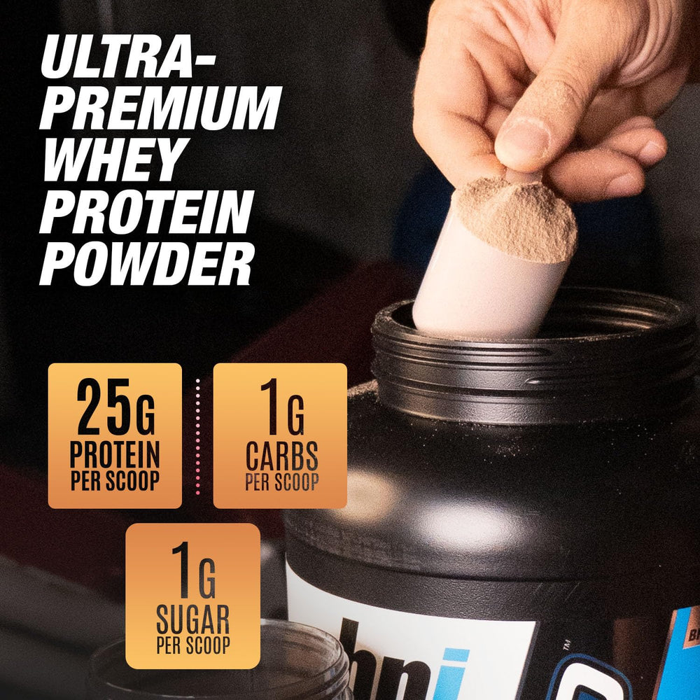 Close-up of creamy Salted Caramel Whey HD powder texture