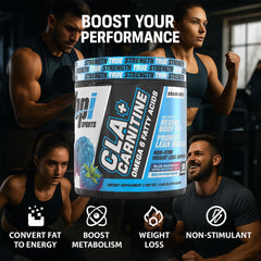 Blue Raspberry flavored powder container of BPI CLA+Carnitine for refreshing hydration.