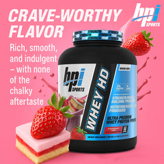 Close-up of BPI Sports Whey HD label highlighting quality testing