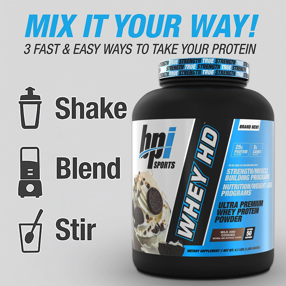 BPI Sports Whey HD pouring into mug for shake