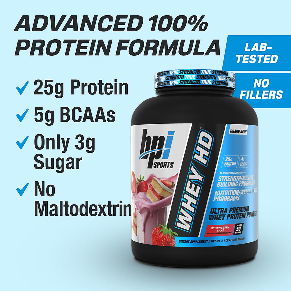 BPI Sports Whey HD bottle beside a glass and shaker ready for mixing