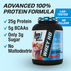 BPI Sports Whey HD bottle beside a glass and shaker ready for mixing