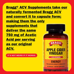 Bragg Energy ACV Capsules bottle back shows ingredients and B vitamins for energy