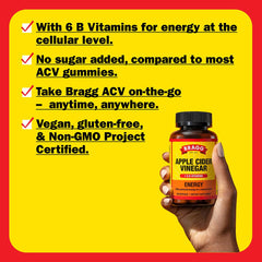 Bragg Energy ACV Capsules dose info graphic for daily three-capsule regimen
