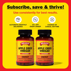 Bragg Energy ACV Capsules badge showing vegan, gluten-free, and non-GMO certification