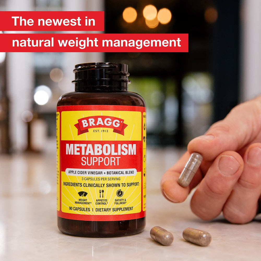 Bragg Metabolism Support capsules close-up on label with ACV ingredients